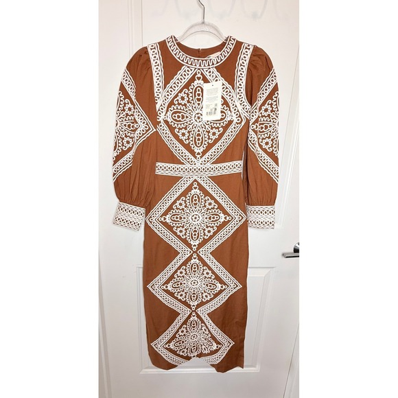 Sézane Calitta Embroidered Midi Dress Caramel Ecru Boho French Chic - Picture 2 of 8